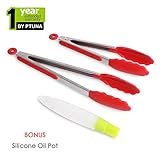 Ptuna Silicone Kitchen Tongs 2-Pack (Red, 9 & 12-inch), Heat Resistant, Stainless Steel Cooking Tongs, Serving Tongs, Salad, Frying, BBQ Tongs - Bonus Silicone Oil Brush