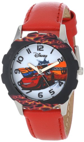 Disney Kids' W001010 Tween Cars Stainless Steel Printed Bezel Red Leather Strap Watch
