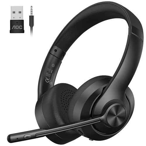 AOC Wireless Headset with Microphone, dongle-BT/Bluetooth/wired 3 modes connection, bluetooth Headset V5.3, PC Headphone Office Teams for Skype, Teaching, Call Center, Business Chat