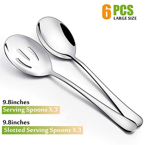 Serving Spoons X 3, Slotted Serving Spoons X 3, HaWare 9.8 inches Large Size Stainless Steel Serving Spoon, Elegant Design for Kitchen/Buffet/Party, Mirror Polished and Dishwasher Safe(6 Pack)