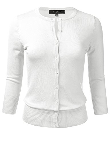 FLORIA Women's Button Down 3/4 Sleeve Crew Neck Knit Cardigan Sweater White S