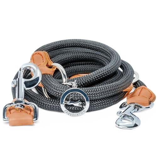 FREUDENTIER® Dog Lead 2 m for Medium and Large Dogs - 3-Way Adjustable - Lead Made of Robust Nylon Rounded with Stylish Brown Leather Elements (Black)