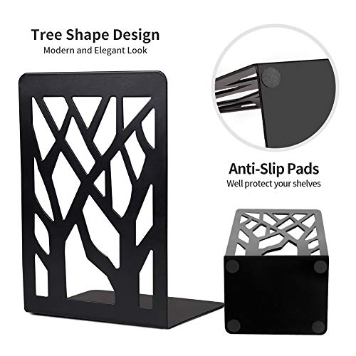Bookends, Metal Book Ends, Decorative Bookend Supports Black Book Shelf Holder Non Skid Heavy Duty Book Stoppers 1 Pair, Book Stand for Shelves Bookshelf Office School Library with 1 Pen Holder