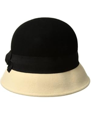 Women's 2 inch Brim Wool Color Block Cloche Hat with Grossgrain Bow