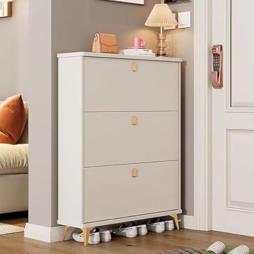 MOZOGOT Shoe Storage Cabinet with 3 Flip Drawers, Slim Modern Porch Shoe Storage Cabinet, Wooden Narrow Freestanding Shoe Rack Storage Organizer for Entryway (Snow White)