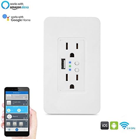 Smart wall socket Wifi Plug Wall-in Outlet with 2 Independent control 15A sockets and 1 USB Ports, Compatible with Amazon Alexa Echo and Google Assistant, No Hub Required, Remote Control,Timing