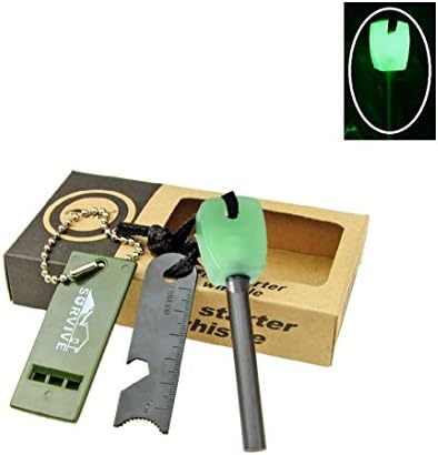 Glow In The dark 5 in 1 Thicker-version Survival Firesteel Magnesium Rod Fire Starter Kits with Emergency Whistle (Glowing Green)