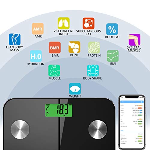 Rechargeable Smart Fat Scale, Bluetooth Bathroom Body Scale Digital Weight Scale Tracks 14 Key Compositions Analyzer, 6 Color Display, Sync with Fitness APP, 400 lbs, HD Display, Rechargeable