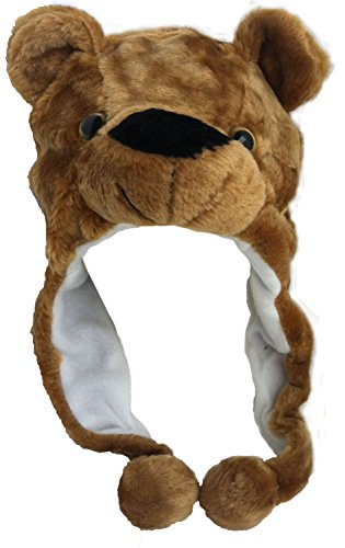 Plush Faux Fur Animal Critter Hat Cap - Soft Warm Winter Headwear - Short with Ear Poms and Flaps & Long with Scarf and Mittens available (Brown Bear - Short)