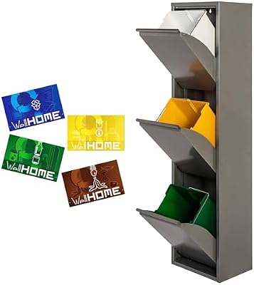 Lixo metálico e contentor de reciclagem com 3 compartimentos + 4 etiquetas magnéticas, 3x17L (51L) cinzento brilhante