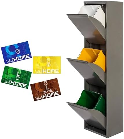 Cubo de basura y reciclaje Metálico de 3 compartimentos + 4 etiquetas magnéticas, 3x17L (51L) Gris brillo
