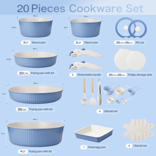KOCH SYSTEME CS 20 Piece Non stick Ceramic Cookware Set, Pots and Pans Set with Detachable Handle, Induction Kitchen Cookware Sets, Cooking Pan Set with Removable Handle, RV Cookware Set, Blue