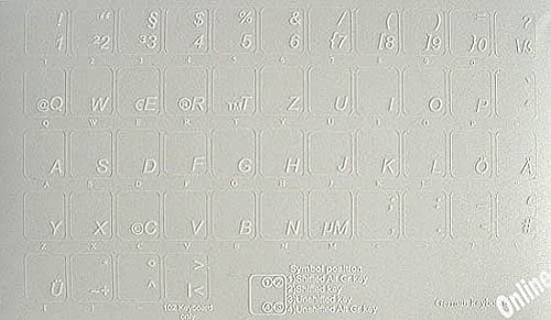 GERMAN TRANSPARENT BACKGROUND KEYBOARD STICKERS WITH WHITE LETTERS FOR COMPUTER LAPTOPS DESKTOP