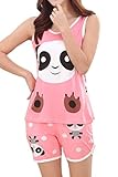Lasher Women's Cute Panda Short Sleeve Pjs Sleepwear Set Cartoon Shorts Pajamas Red L