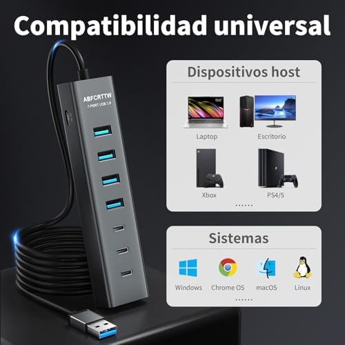 7 Puertos Hub USB 3.0 con 120cm Cable para PC Computadora, Aluminio USB Hub Adaptador multipuerto con USB 3.0 5Gbps, 4 USB-A & 3 USB-C Puertos, para PC, Laptop, MacBook, Mouse, Teclado, U-Disk etc.