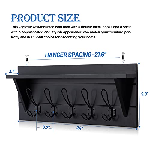 Zoopolyn Wall Shelf with Hooks Underneath 24’’ Long Wall Mounted Coat Rack with Shelf Coat Rack