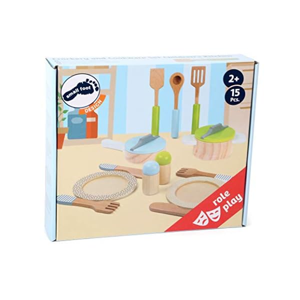 Small Foot Geschirr-und Topfset Kinderküche aus Holz, perfekte Ergänzung zu jeder Spielküche, 15-teilig, 11098, Grün Grau – Bild 4