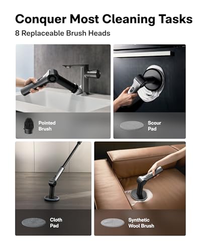 HOTO Flexi™ Cordless Electric Spin Scrubber, Adjustable Angle, Extendable Handle, Smart Display, IPX7 Waterproof, Powerful Cleaning Scrubber with 8 Replaceable Brush Heads, for Bathtub, Bathroom, Tile