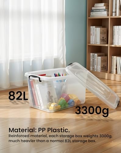 Storage Box – Heavy Duty Plastic Storage Box with Lockable Lid & Wheels, Clear Organizer Bin for Clothes, Tools & Home, Office (82L)