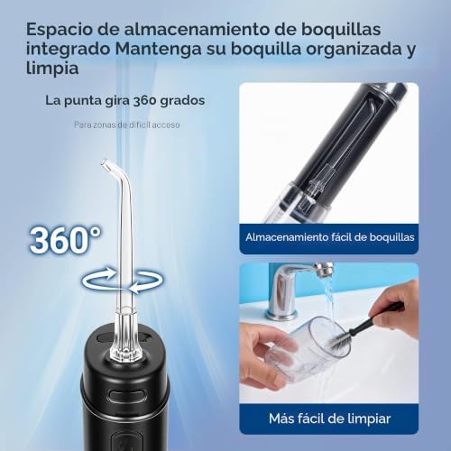 Irrigador Oral Portátil, sem fios para viagens, 3 níveis de pressão, 6 bicos, depósito telescópico de água IPX8, recarregável USB, QR-7112 (preto)