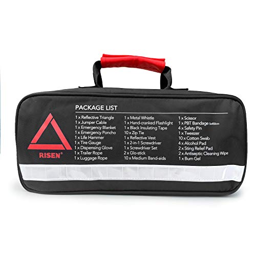 RISEN Premium Roadside Assistance Car Emergency Kit + Bonus First Aid Kit - Auto Safety Kit Contains Jumper Cables, Warning Triangle, Tow Rope, Screw Kit (63 Pcs/Pack)