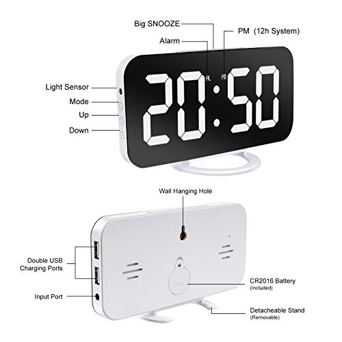 Lamisola Digital Alarm Clock, Large LED Mirror Display, 2 USB Charging