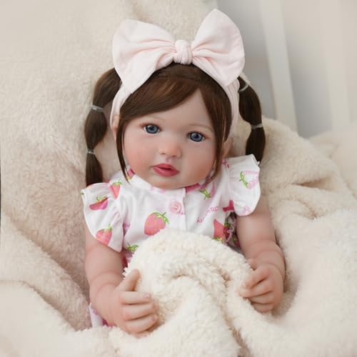 Bebê Reborn Realista Boneca Corpo de Silicone Menina Realista Corpo de Silicone Cabelo Implantado com Acessórios Original Pintada Corpo Realista Olhos Azuis Pode dar Banho 55cm (Menina Coelho 55cm)