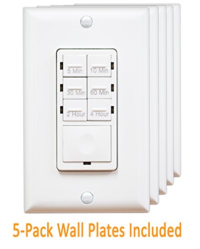 Enerlites In-Wall Countdown Timer Switch, 6 Button Preset Maximum 4 Hours Delay, Standard Decorative Wall Plate Included. (White 5-Pack)