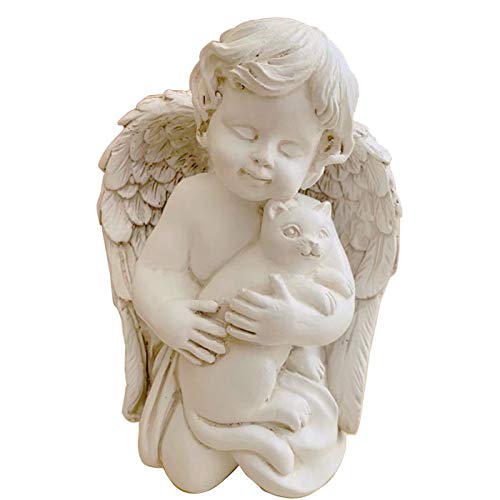 Wings Angel Holding a Cat Statue Faithful Angel Memory Memorial Cat Pet Figurine Garden Statue Indoor Outdoor Home Garden Guardian Rememberance Cat Figurine, 7 inch
