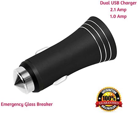 Car Charger with Dual USB Ports and Steel Glassbreaker Hammer for Emergency Escape – charges Apple iPhone, iPad, iPod, Samsung, HTC, Nexus, Android and other Smartphones or digital devices