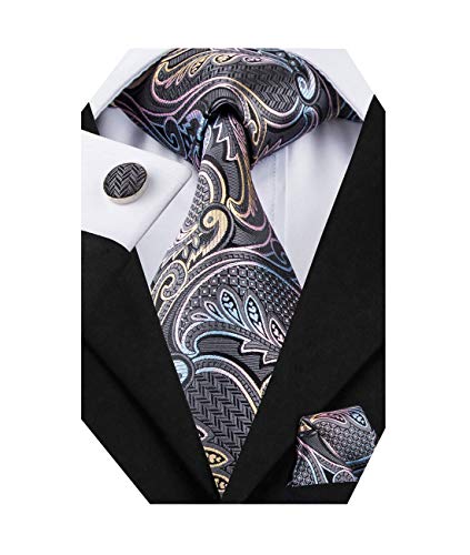 Dubulle Mens Grey and Pink Paisely Silk Tie and Pocket Square Set Grey Neckties Set for Men Wedding Business
