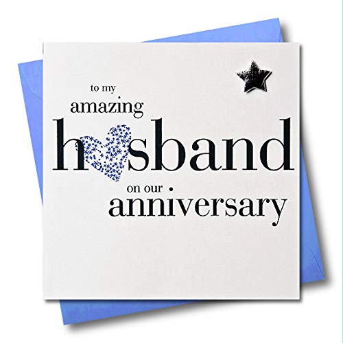Claire Giles Greeting Cards, Happy Wedding Anniversary Husband Card, Blue Heart design, Embellished with a padded star