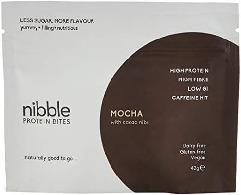 Nibble Bites Mocha with Cacao nibs, (8 x 42g Packs), Lower Sugar, high Protein, Vegan and Gluten-Free Snack