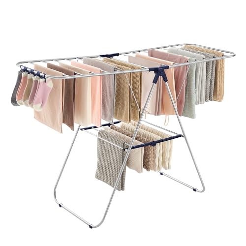 SONGMICS Tendedero de Ropa Plegable,Alas Ajustables, 33 Barras y 27 Pinzas, Perchero Metálico para Ropa Sucia, Plata y Azul MLLR52BU