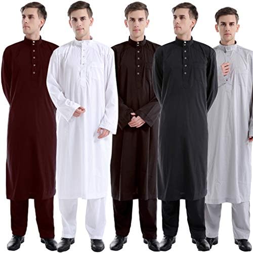 Xindeek Men's Thobe with Long Sleeves Arab Muslim Wear Calf Length and with Pants,Muslim Islamic Clothing for Men