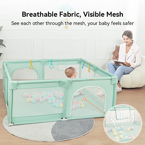 COMOMY Baby Playpen, 200 x 180 x 66 cm Baby Playpen with 50 Pit Balls, Mini Basketry and 4 Pull Rings, Baby Playpen with Soft and Breathable Mesh, Activity Center for Children, Green