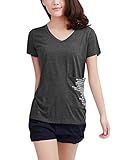 Allegra K Women Casual V Neck Short Sleeve Letters Summer Tops T Shirts, Dark Grey, X-Small / US 2