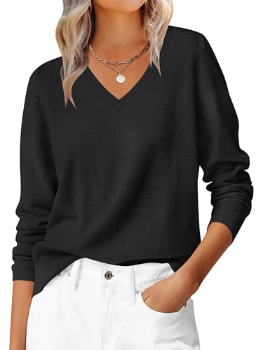 HOTOUCH Damen-Strickpullover, V-Ausschnitt, langärmelig, leicht, klassisch, lässig, stilvoll, Strickwaren, Pullover, Schwarz , XL