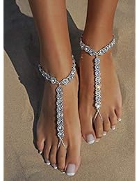 Bellady - Sandalias de tobillo con cadena de perlas, con estrella de mar, para playa, boda, joyería de pie