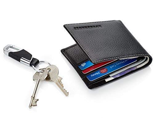 Roundhause Black Designer Slim Bi fold Mens Wallet Real Leather Credit Card Holder Organiser Paper Money Purse and Leather Key Holder Gift Box Set (Black) Present For Gents