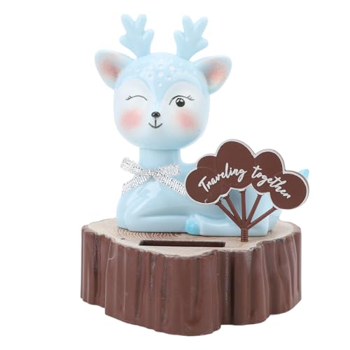 Solar Powered Shaking Animal Cute Deer Shape Automatic Shaking Solar Powered Car Ornament Dashboard Decoration (Blue, Eyes Open)