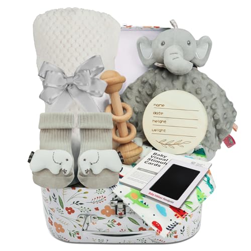 Baby Shower Gifts Set for Boys: Newborn Basket Kit 9 Pcs with Baby Blanket Rattle Bib and More - Unique and Personalized Baby Essentials for New Mom