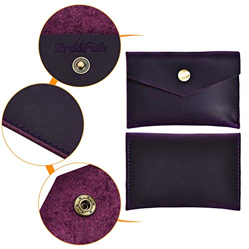 Bird&Fish Handmade Vintage Business Card Holder Genuine Leather Front Pocket Minimalist Wallet for Men Women (Grape Purple) - Thumbnail 3