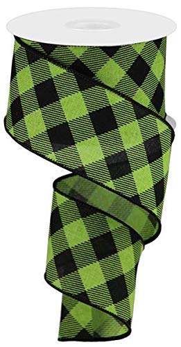 Diagonal Plaid Check Wired Edge Ribbon - 10 Yards (Lime Green, Black, 2.5")