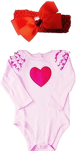 Valentine's Day Pink Ruffled Shoulder Long Sleeve Body Suit PLUS Red Head Wrap (3-6 Months)