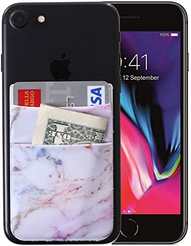 Monca [Double Secure] Cell Phone Credit Card Holder Stick on Wallet Cash Metro Card ID Holder Lycra Spandex Card Sleeves [Lid & Pocket] (Marble Pink)