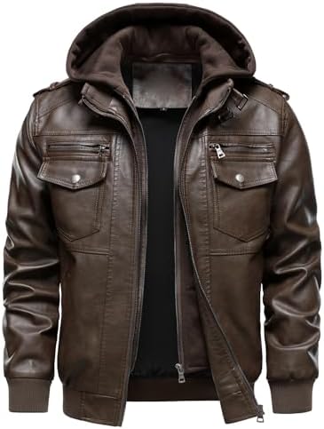 Leather Jacket Men's Double Zipper Hooded Biker Leather Jacket