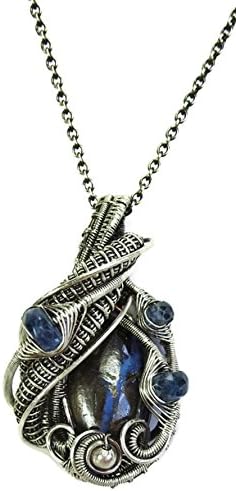 Wire-Wrapped Australian Boulder Opal Necklace in Antiqued Sterling Silver with Blue Kyanite