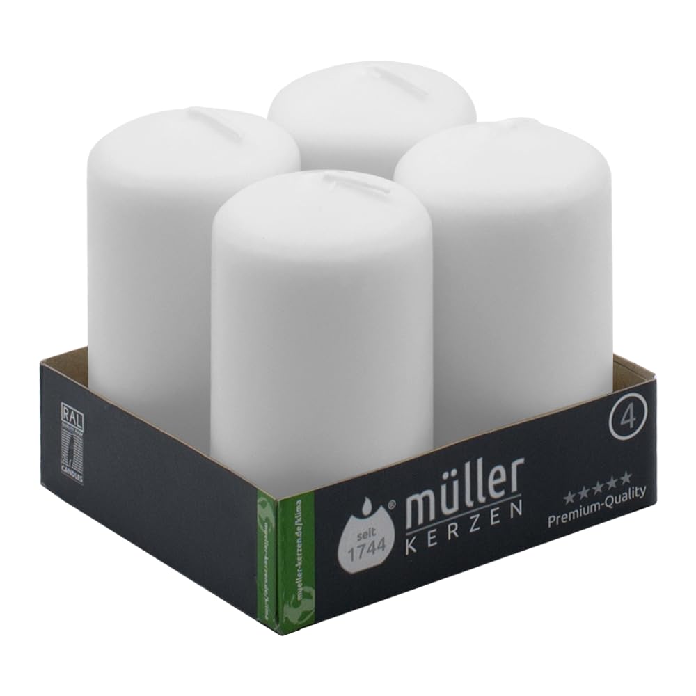 Müller Small Pillar Candles - Set of 4 - White - Unscented - 4,8 x 9 Cm - 16 Hours Long Burning Decorative Candles - Dripless Wax - Smokeless Wick - RAL Quality - Made in Germany