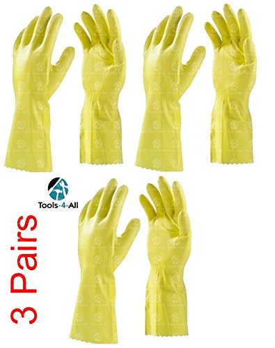 Tools-4-All Clean and Clever Flocklined Rubber Hand Gloves (Yellow, 4921) - Set of 3 Pairs